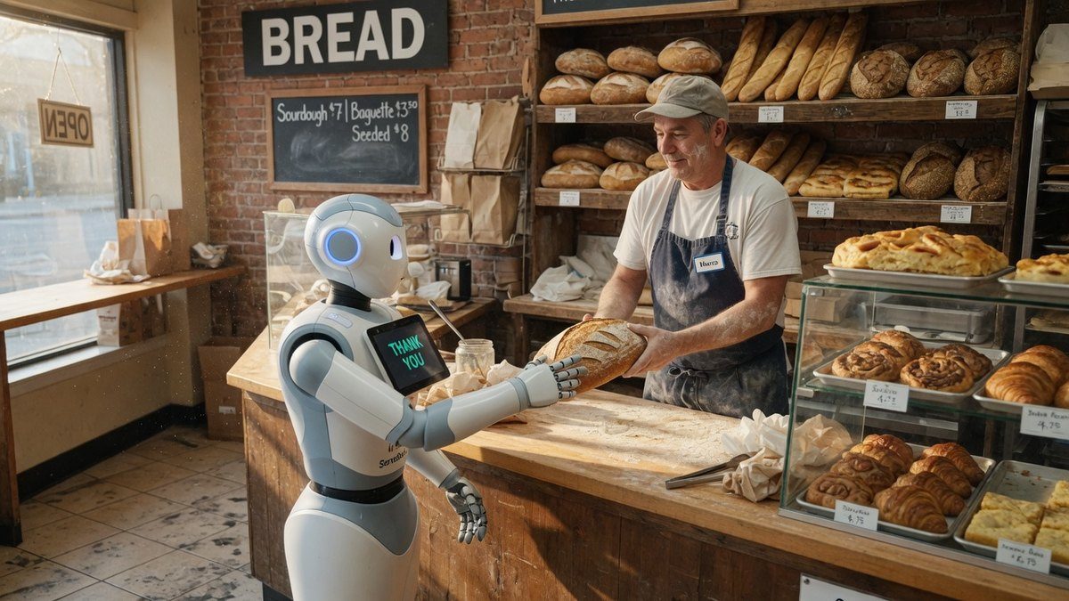 A robot at a bakery counter while a baker holds a loaf of artisan bread