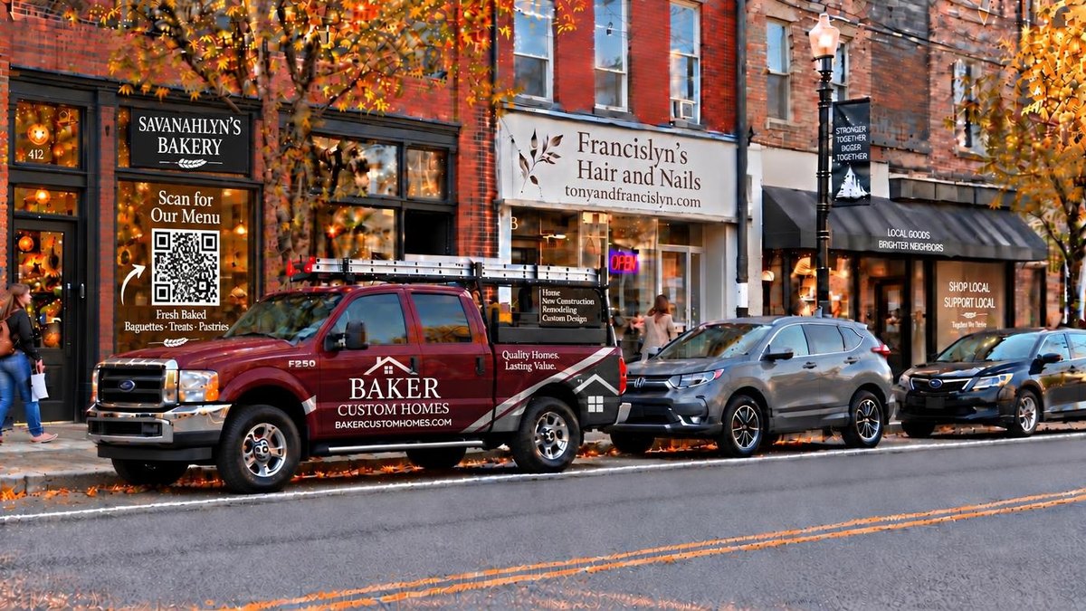 A marked work truck parked along a signed commercial street, with a QR code in the bakery window