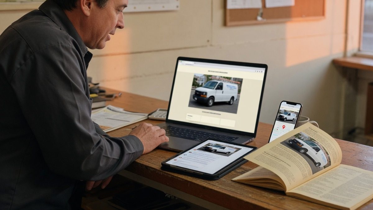 A shop owner at a wooden counter looks at a laptop website while a phone, a tablet, and a printed directory repeat the same service van photo